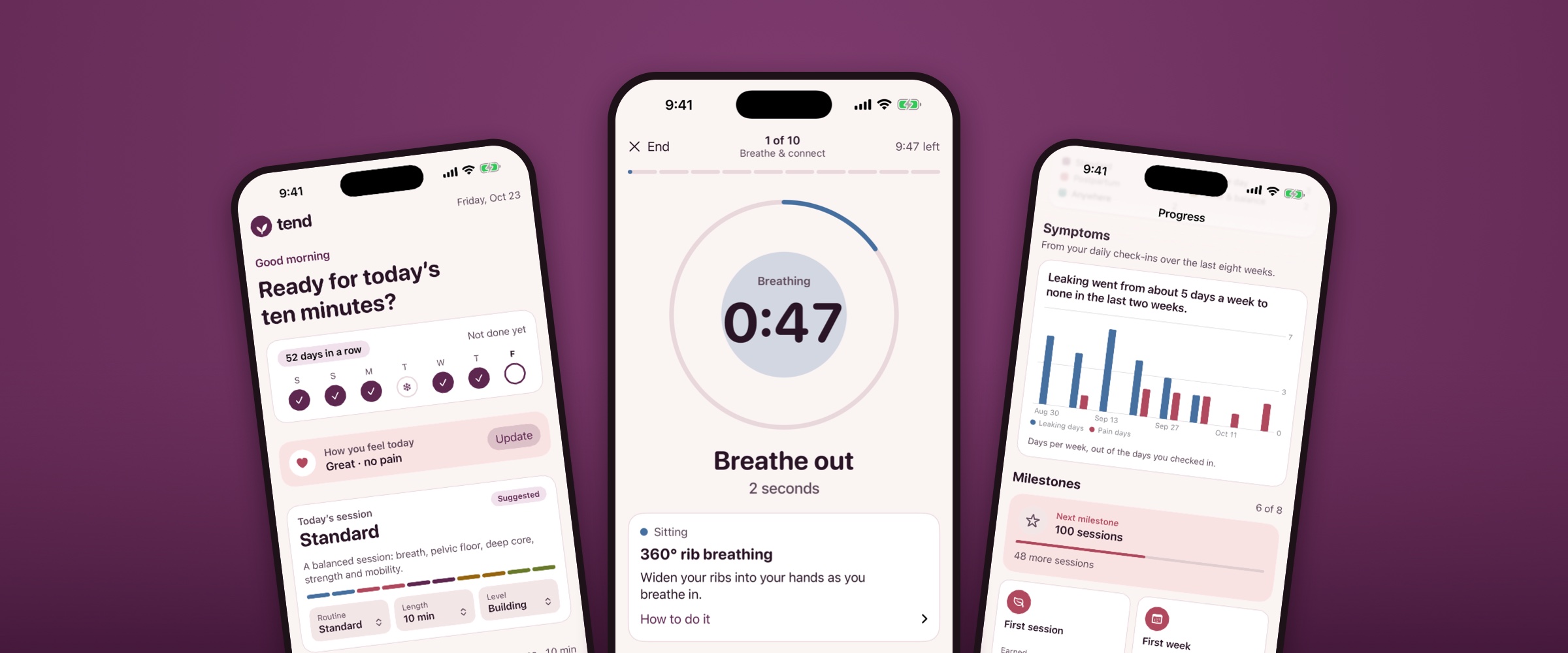 Three Tend screens: today's session, a guided breathing timer with the cue 'Breathe out', and a weekly chart of leaking and pain days.